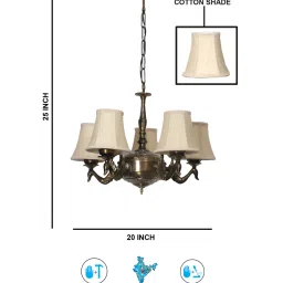 new era Devansh 05 Lights Off-white Round cotton shade with Antique Golden Chandelier -H image 3