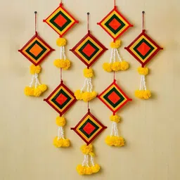 ecraftindia Red Fabric Artificial Marigold Flowers with Colorful Woolen Kite Hangings (Set of 8) image 1