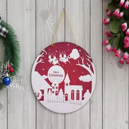 ecraftindia Red & White Engineered Wood Santa Claus With Sleigh And Reindeer Printed Door Wall Hanging image 1