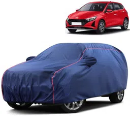 VOICO Water-Resistant Dustproof Car Cover for Hyundai i20 Asta - Mirror Pocket, UV Protection, Scratch Guard, Buckle Belt, Front & Back Bottom Elastic with Red Piping - Blue image 1