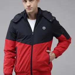 u.s. polo assn. U S Polo Assn Men Navy Blue & Red Colourblocked Bomber Jacket with Logo Print Detailing image 3