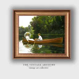 THE VINTAGE ARTISTRY Green Antique Portrait Couple Rowing Boat Painting Wall Art-picture-32