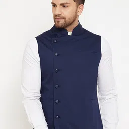 Hypernation Men Navy Blue Pure Cotton Nehru Jacket-picture-26