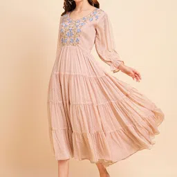 RATAN Self Design Puff Sleeves Embroidered Tiered Chiffon Midi Fit & Flare Dress image 3