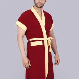 POORAK Men Maroon & Yellow Short Sleeves Terry Bath Robe image 3