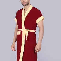 POORAK Men Maroon & Yellow Short Sleeves Terry Bath Robe image 5