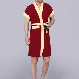 POORAK Men Maroon & Yellow Short Sleeves Terry Bath Robe image 4