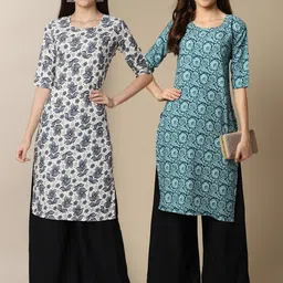 7threads KALINI Women Pack Of 2 Blue & White Ethnic Motifs Printed Block Print Crepe Kurta image 1