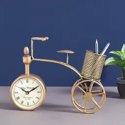 Golden Peacock Gold-Toned Cycle Design Penstand With Dial Clock-image-27