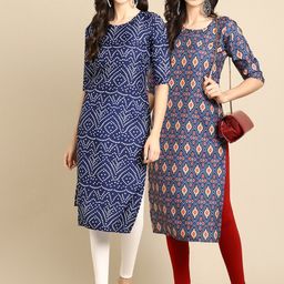 7threads KALINI Women Pack of 2 Block Navy Blue and Blue Print Handloom Crepe Kurta-picture-37