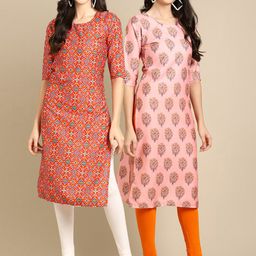 7threads KALINI Women Pack Of 2 Orange & Pink Ethnic Motifs Printed Crepe Kurta-picture-33