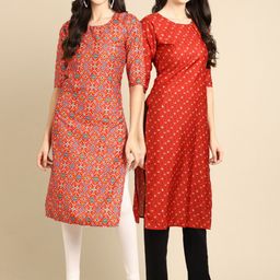 7threads KALINI Women Pack Of 2 Orange & Red Geometric Printed Block Print Crepe Kurtas-picture-44