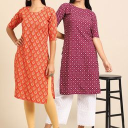 7threads KALINI Pack Of 2 Women Orange & Maroon Printed Crepe Kurta-picture-41