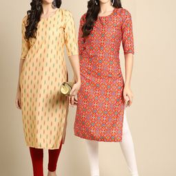7threads KALINI Women Yellow & Red Pack Of 2 Geometric Printed Crepe Kurta-picture-36