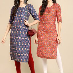 7threads KALINI Women Pack of 2 Blue & Red Floral Printed Floral Crepe Kurta-picture-39