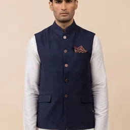 Tasva Men Navy Blue Solid Woven Nehru Jackets image 4