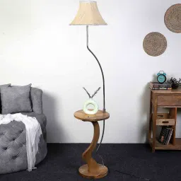 White Iron & Cloth Shade Shelf Floor Lamp With Wood & Iron Base by Sapphire image 2