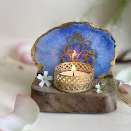 HOMEARTE Blue & Gold-Toned Ganesh Ji Printed Wooden Tea Light Candle Holder-picture-16