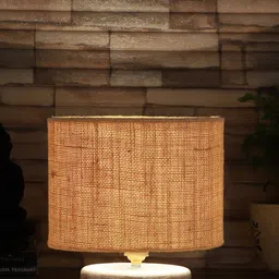 Devansh  Beige & White Brushed Jute Table Lamp With Wood Base image 4