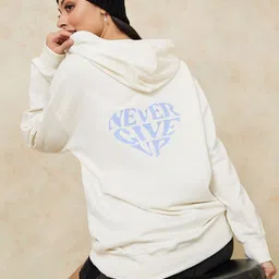 Styli Women Cream-Coloured Printed Cotton Hooded Sweatshirt-image-35