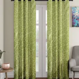 cortina Green Floral Polyester 7 Ft Semisheer Eyelet Door Curtains (Set of 2) image 1