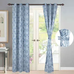 deco window Blue Floral Polyester 7 Ft Semisheer Eyelet Door Curtains (Set of 2) image 1