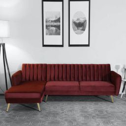 casacraft from pepperfry Fidel Velvet RHS Sectional Sofa (3 + Lounger) in Wine Red Colour-picture-7