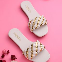 GNIST Women White Embellished Party Open Toe Flats-picture-24