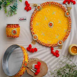 ecraftindia Yellow Red Floral Decorative Stainless Steel Karwa Chauth Thali Set with Plate Chalni Lota|Karva Chauth Pooja Thali image 5