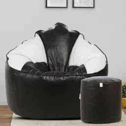 sattva Combo Muddha XXXL Leatherette Bean Bag with Beans in Black & White Colour with Pouffe image 1