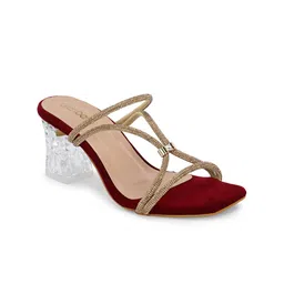 DressBerry Maroon Embellished Open Toe Block Heels image 5