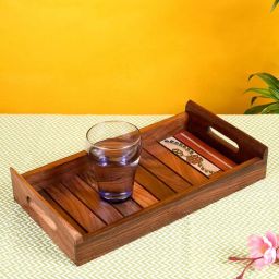 aakriti art creations Floral Motif Brown Sheesham Wood Serving Tray-picture-29