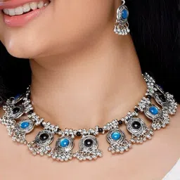 Oxidized Heaven Sterling Silver-Plated Stone-Studded & Beaded Jewellery Set image 1