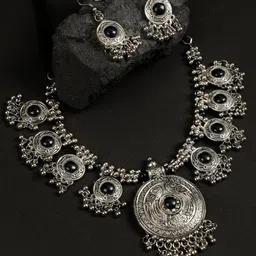 Oxidized Heaven Sterling Silver-Plated Stone Studded Necklace and Earrings-picture-10