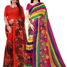 KALINI Pack of 2 Red & Yellow Printed  Floral Pure Georgette Saree-picture-23