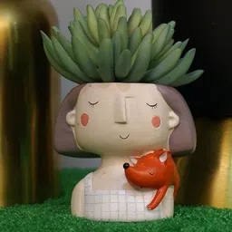 Garden Deco White Cream  2 Pieces Checked Cute Girl Planters-image-83