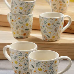Arrabi White & Yellow 6 Pieces Floral Printed Stoneware Matte Cups 220 ml-image-30