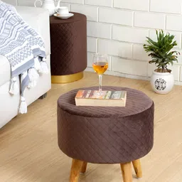 Shadowkart Brown Checked Wooden Round Pouffes Ottoman image 1