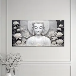 nestroots Canvas Framed Buddha Surrounded by White Flowers Wall Painting image 1