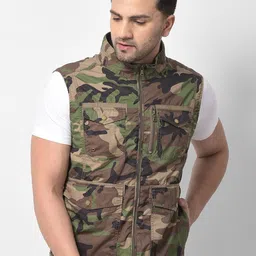 Woodland Men Olive Green & Brown Camouflage Printed Pure Cotton Tailored Jacket-picture-10