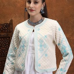 Vishudh Off White Floral Crop Quilted Jacket with Embroidered-picture-0