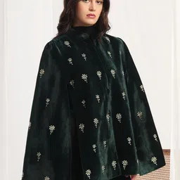Zamour Women Floral Longline Cape Jacket with Embroidered-picture-24
