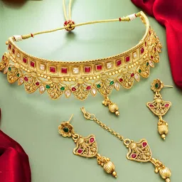 Aadita Gold-Plated Red & Green Studded Jewellery Set-picture-27