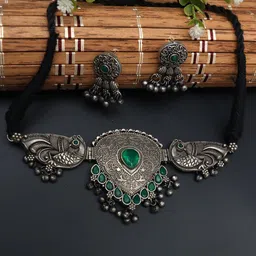 Ozanoo Silver-Plated Stone-Studded & Ghunghroo Beaded Jewellery Set-picture-17