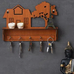 eCraftIndia Brown Carved House Tree 5 Hooks Wooden Key Holder With A Shelf-image-84