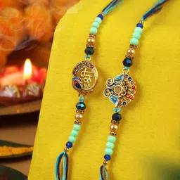 TIED RIBBONS Set of 2 Peacock Beaded Rakhis with Card & Roli Chawal image 2