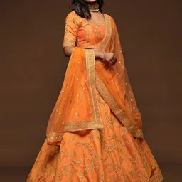 FABPIXEL Orange Embroidered Sequinned Semi-Stitched Lehenga & Unstitched Blouse With Dupatta image 3