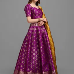 PURVAJA Magenta & Purple Zardozi Semi-Stitched Lehenga & Unstitched Blouse With Dupatta image 4