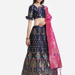 Mitera Navy Blue & Magenta Woven Semi-Stitched Lehenga & Unstitched Choli With Dupatta image 2