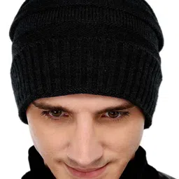 Bharatasya Men Black Solid Beanie Cap image 3